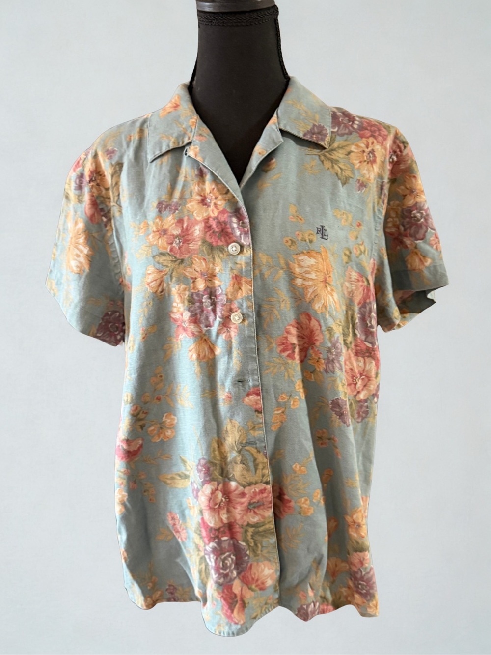 Ralph Lauren Light Blue Floral Short-Sleeve Linen Button-Down Shirt